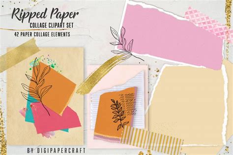 Ripped Paper Collage Kit, Torn paper clipart, Design Element