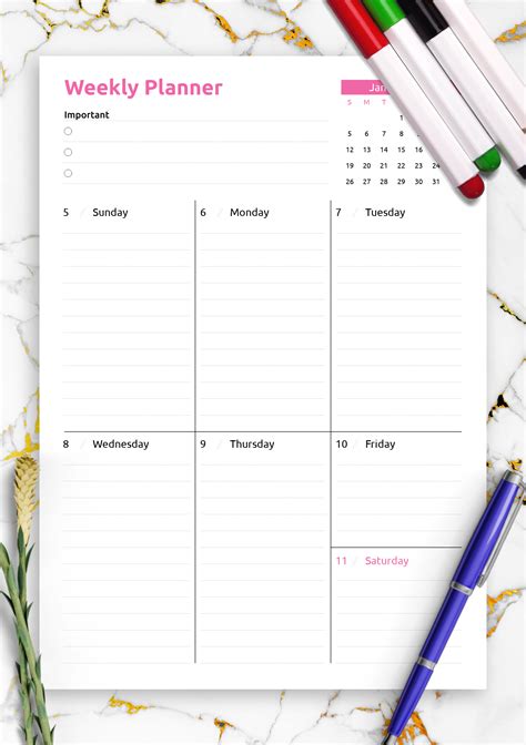 Download Printable Colored one-page weekly planner PDF