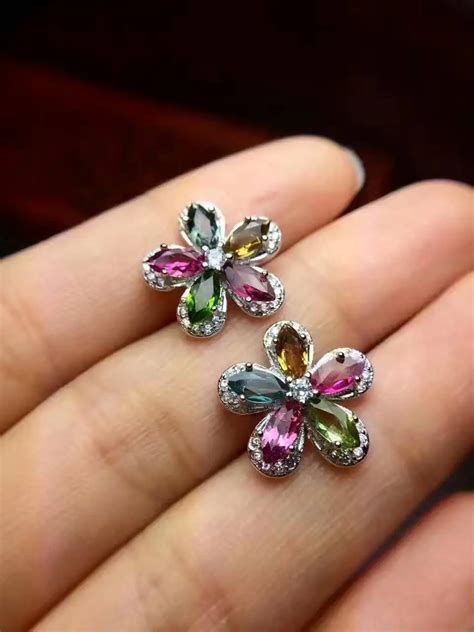 Natural multicolor tourmaline stud earrings 925 silver natural gemstone earrings Luxury flowers ...