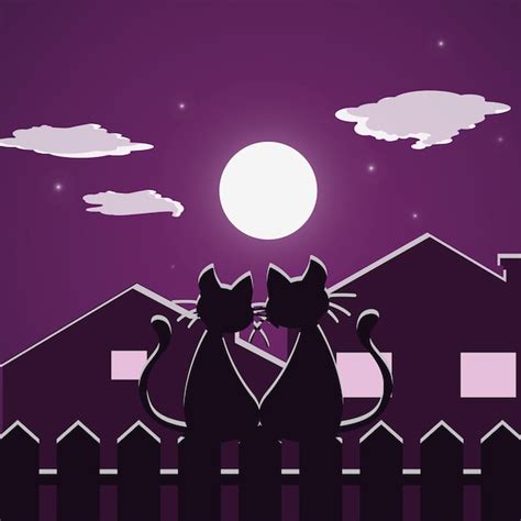 Premium Vector | Cats on the fence against the backdrop of the full moon