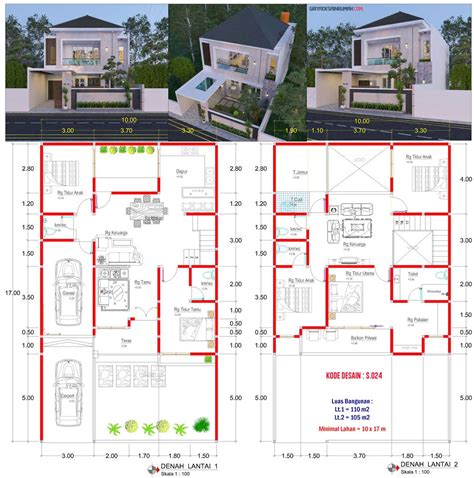 Desain Rumah 2 Lantai 5 Kamar Tidur Ukuran 10×17 Meter