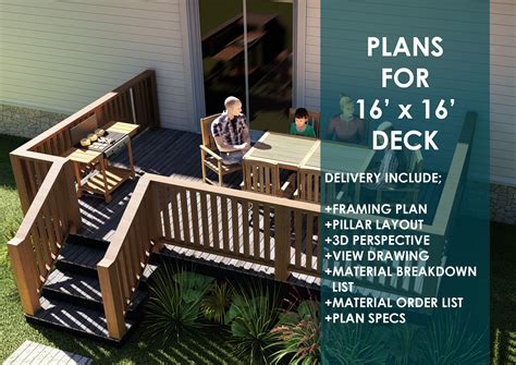 Deck Plans / Drawing Set 16'x16 Deck Drawings / Deck Blueprints / DIY Woodworking Plans with ...