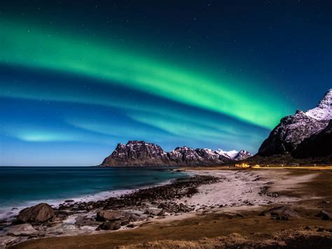 Wallpaper lofoten islands, norway, aurora borealis, northern lights, nature, beach desktop ...