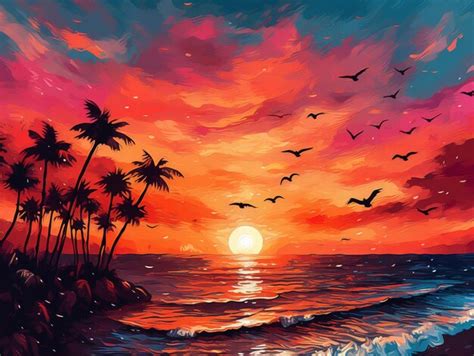 Premium Photo | Painting of a sunset with birds flying over the ocean generative ai