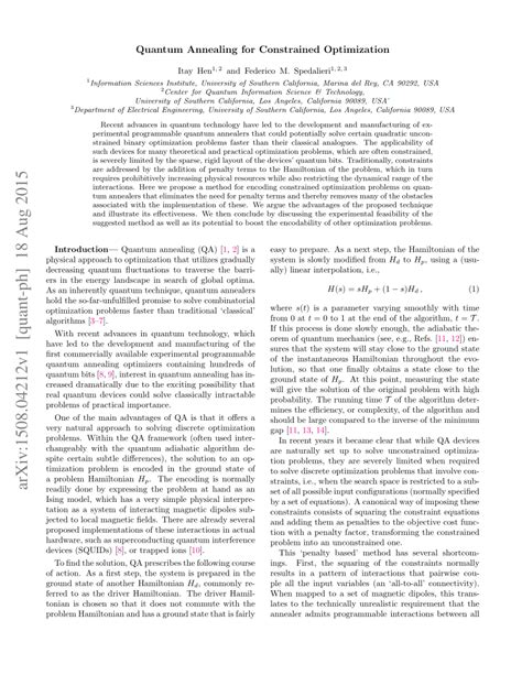 (PDF) Quantum Annealing for Constrained Optimization