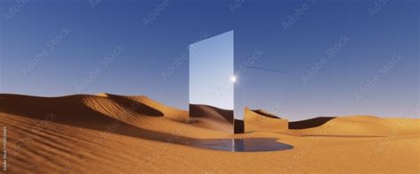 3d render, abstract fantastic panoramic background. Desert landscape with sand water and square ...