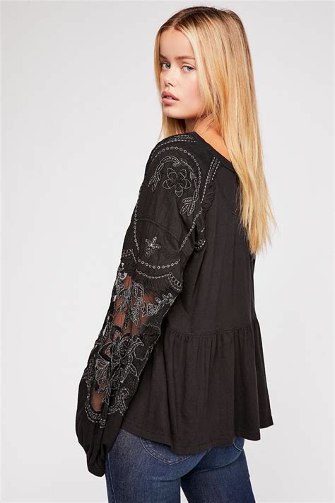 Free People EMBROIDERED PENNY TEE Top Black OB874731 | Canada USA ...