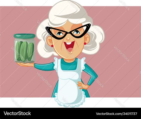 Happy grandmother holding a jar pickles Royalty Free Vector