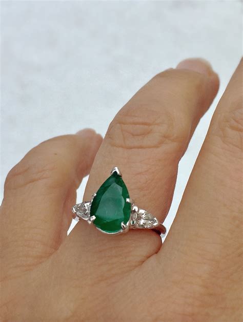 Antique Platinum, Emerald & Diamond Engagement Ring 3 Stone Pear Shape – EmeraldsMaravellous