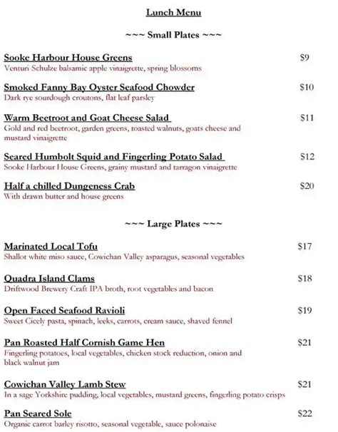 Menu at Sooke Harbour House restaurant, Sooke