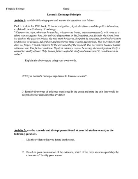 Forensic Science- Name Locard's Exchange Principle Activity 1