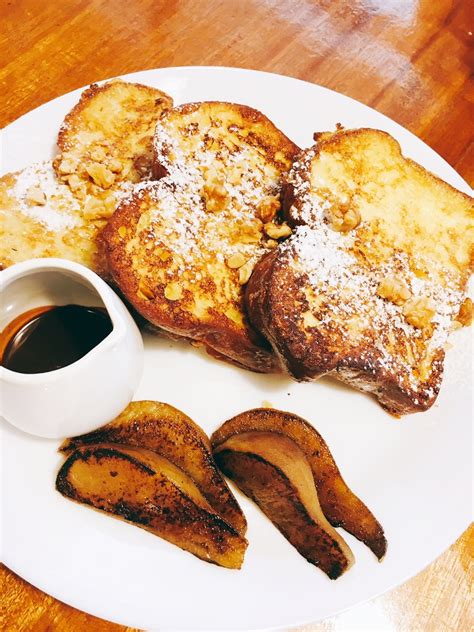 Briocche French Toast with toasted walnuts, caramelised pears and espresso chocolate sauce ...