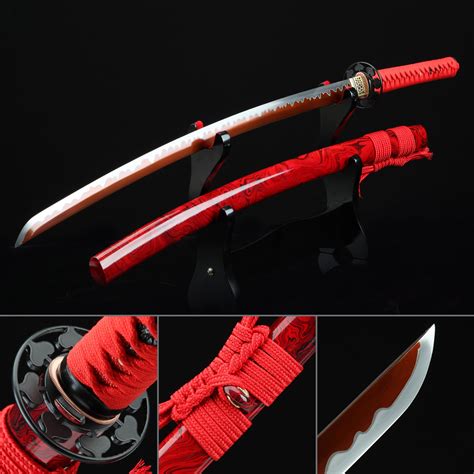 Handmade Spring Steel Red Blade Sharpening Real Japanese Katana Samurai Sword With Red Scabbard ...