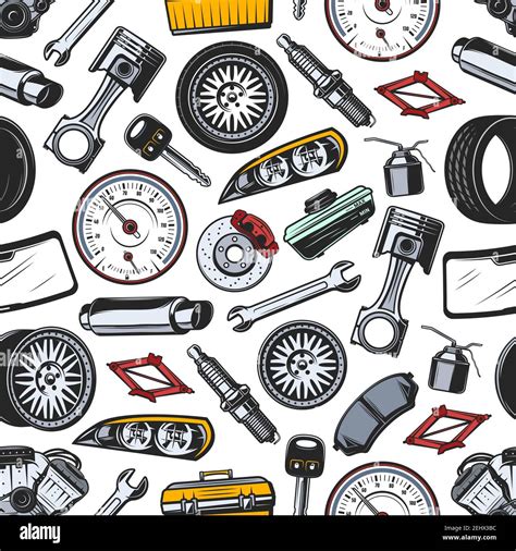 Car spare parts seamless pattern background of auto vehicle details and accessories. Vector ...