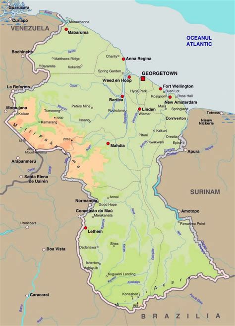 Detailed elevation map of Guyana with roads and cities | Elevation map ...