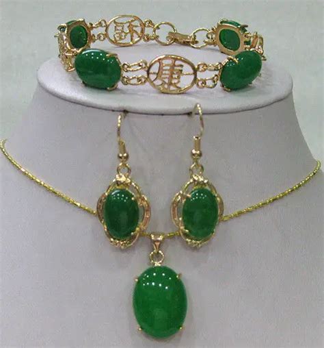 Beautiful inlay 18KGP green jade bracelet earrings pendant necklace Set ...