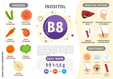 Infographics Vitamin B8. Products containing vitamin. Daily norm ...