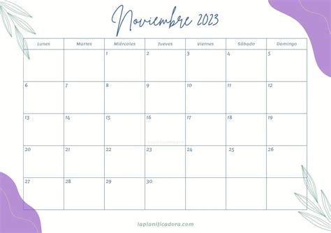 Calendarios Noviembre 2023 💜 para imprimir