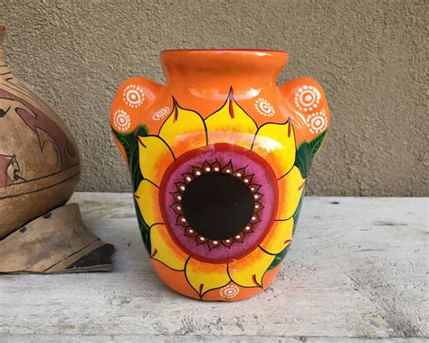 Mexican Pottery Vase with Sunflower Orange Decor, Mexican Folk Art Pottery, Southwestern Decor