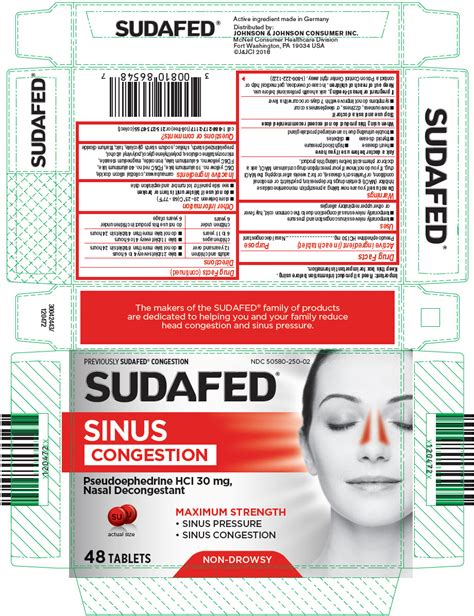 NDC 50580-250 Sudafed Sinus Congestion Tablet, Film Coated Oral Label Information - Details ...