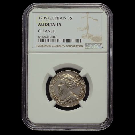 1709 Queen Anne Early Milled Silver Shilling, Plain Angles, NGC AU Details