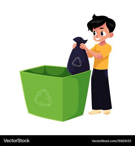 Boy putting garbage bag into trash bin waste Vector Image