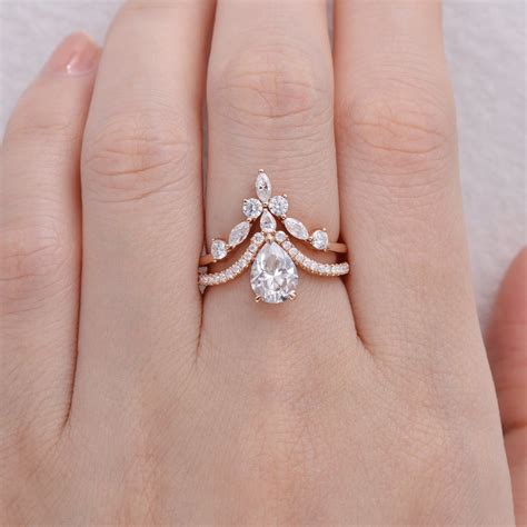 Pear Shaped Moissanite Engagement Ring Set Rose Gold Bridal | Etsy Tear Drop Engagement Ring ...