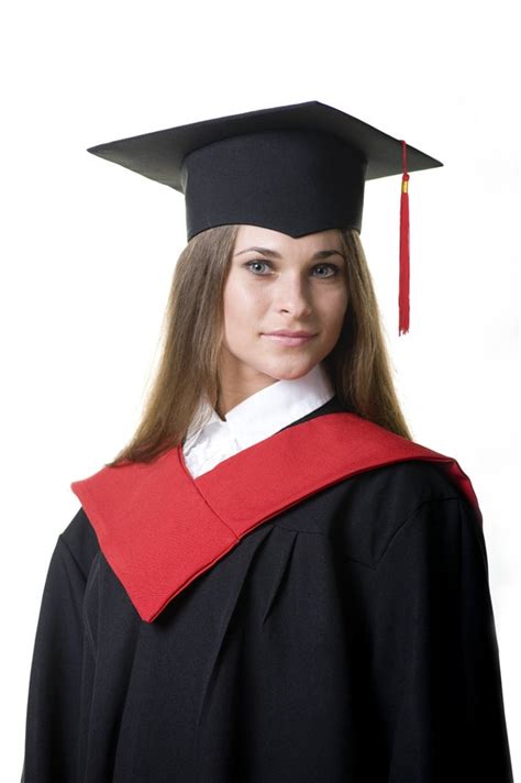 Black graduation gown with red hood and mortarboard with | Etsy