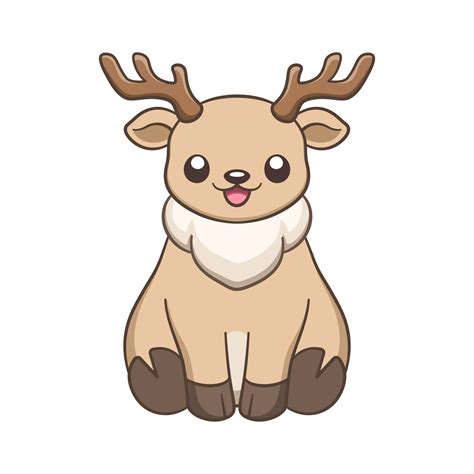 Cute happy chibi style sitting reindeer with antlers cartoon animal illustration. Winter ...