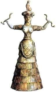 Minoan goddess holding snakes, circa 1600 BC from Knossos, Crete | Snake goddess