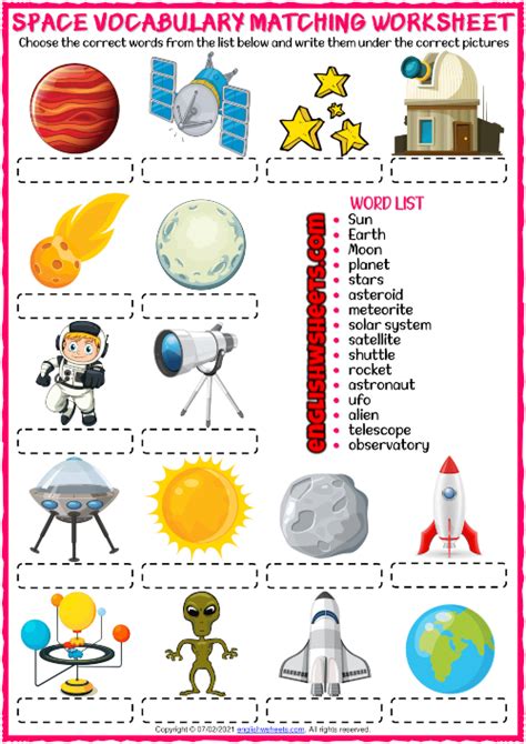 A fun matching exercise ESL printable worksheet for kids to study and practise space vocabulary ...