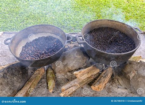 Coffee And Cocoa Beans Roasting In Metal Basin With Royalty Free Stock ...