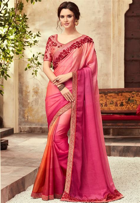 Pink Shade Satin Georgette Party Wear Saree With Border 22014