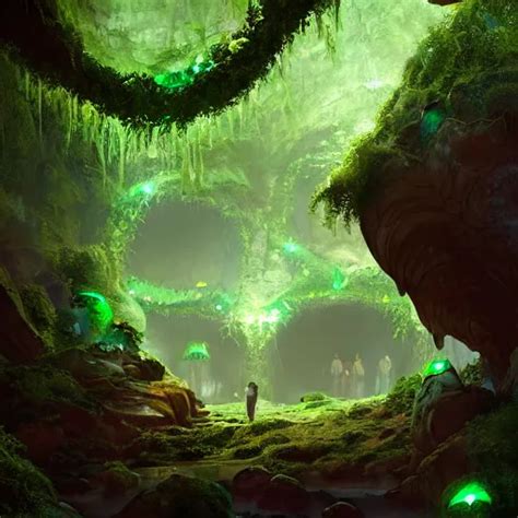 looking into lush cave entrance with glowing emeralds | Stable Diffusion