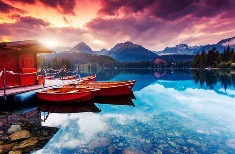 Download Slovakia High Tatras Sunset Mountain Lake Vehicle Boat HD ...