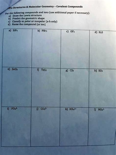 SOLVED: Structures Molecular Geometry of Covalent Compounds For the following compounds and ions ...