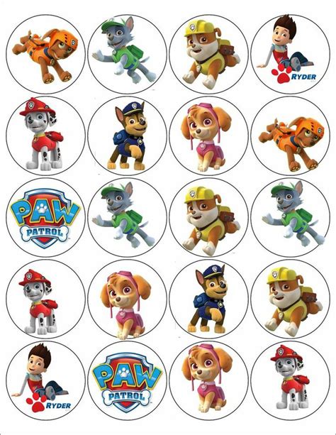 the paw patrol cupcake toppers are shown in various sizes and colors, with different characters