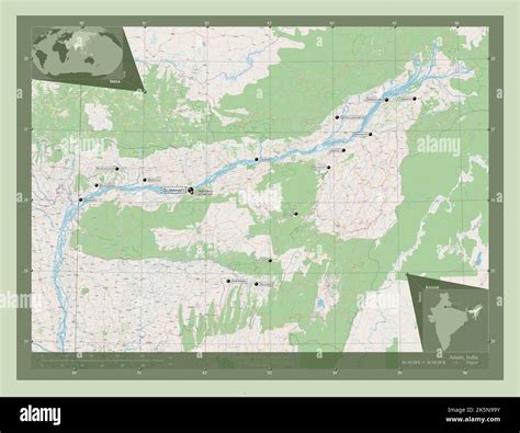 Assam, state of India. Open Street Map. Locations and names of major ...