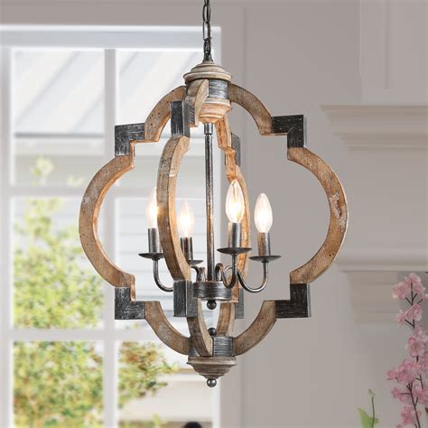 LNC Farmhouse Wooden Chandelier 4 Lights Living Room Pendant Lighting ...