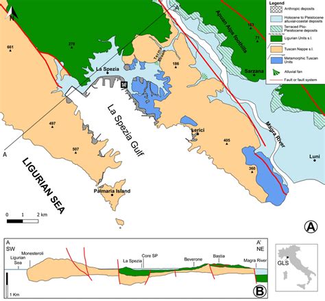 (A) Geological and geomorphological sketch map of the Gulf of La Spezia ...