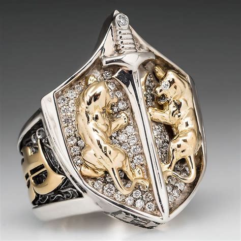 Proclamation Jewelry Custom Made Mens Diamond Lion Shield Ring .925 Sterling & 18K Gold ...