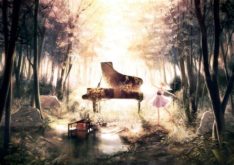 Anime Original Dress Forest Piano Tree Wallpaper | Piano art, Animation ...