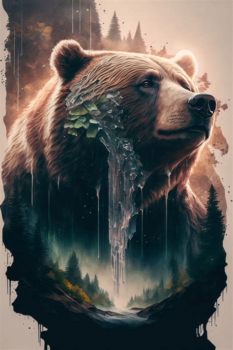 Grizzly Wisdom Double Exposure Bear Painting Nature Decor Modern Wall Art Canvas Prints Metal ...