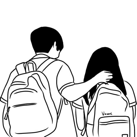 black and white drawing of two people with backpacks