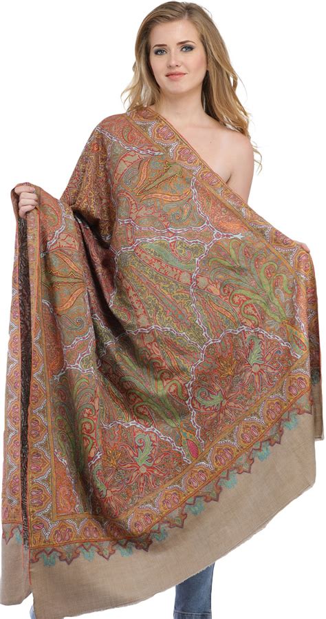 Feather-Grey Kashmiri Pure Pashmina Shawl with Kalamkari Hand ...