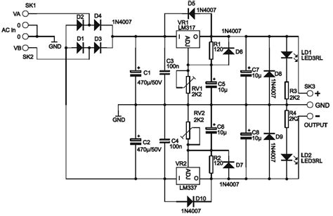 Adjustable Symmetric 1 to 24VDC, 1A Power Supply - Circuit Scheme