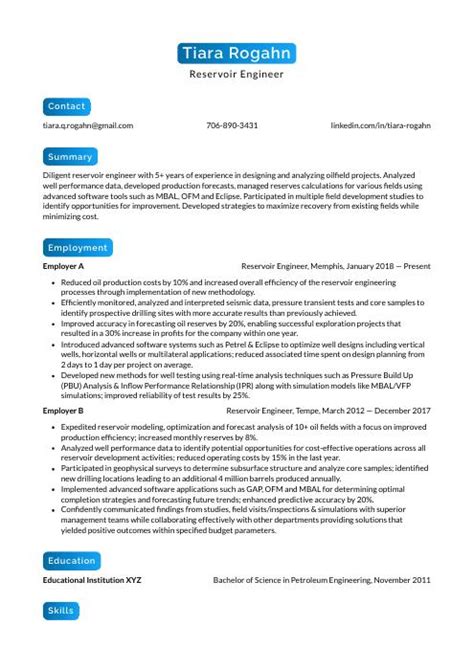 Reservoir Engineer Resume (CV) Example and Writing Guide