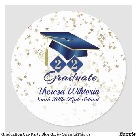 Graduation Cap Party Blue Gold Personalized Classi Classic Round ...