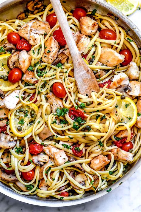 Chicken Piccata Pasta with Tomatoes and Mushrooms| foodiecrush.com