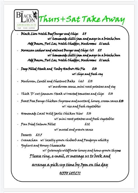 Menu at The Black Lion, Abergorlech pub & bar, Abergorlech, B4310